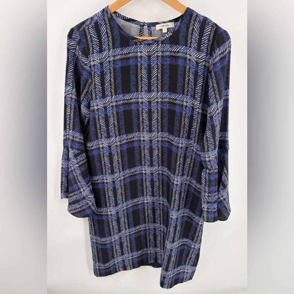 Tyler Boe women’s bell long sleeve silk sheath dress blue black pattern size s